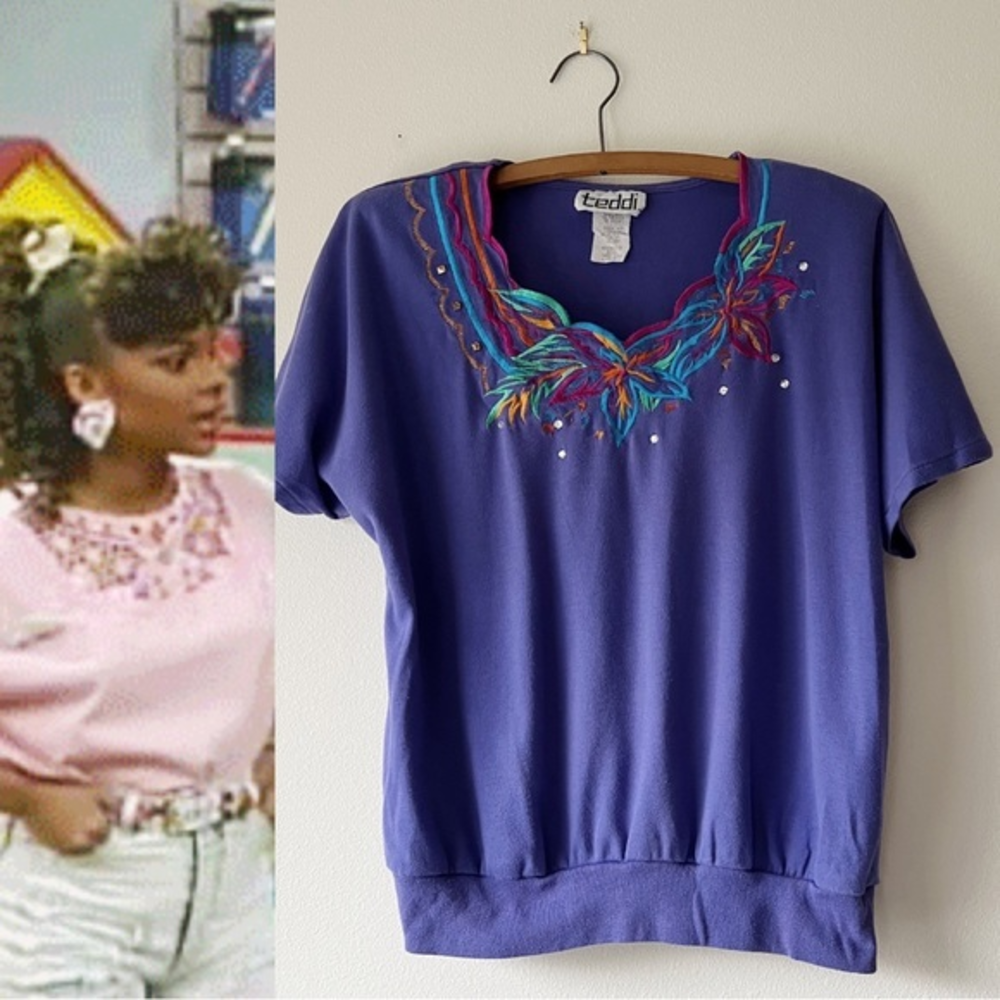 Vintage 90s‎ embellished embroidered purple short sleeve tee L